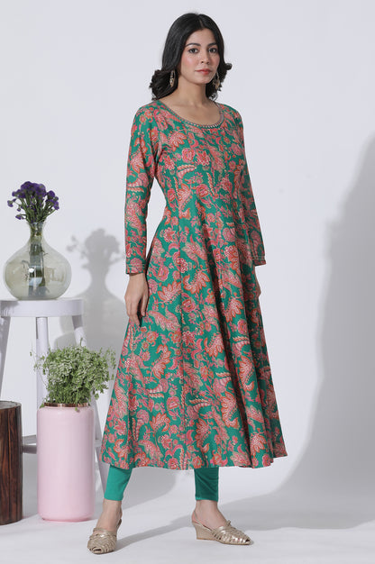 Green Floral Printed Anarkali Kurta, Tights And Dupatta Set