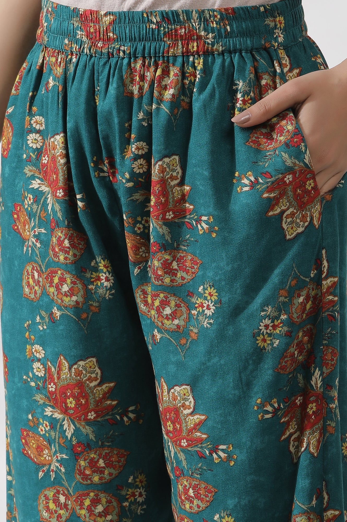 Teal Green A-Line Printed Kurta And Gathered Pants