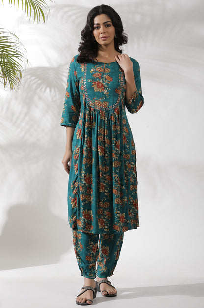 Teal Green A-Line Printed Kurta And Gathered Pants