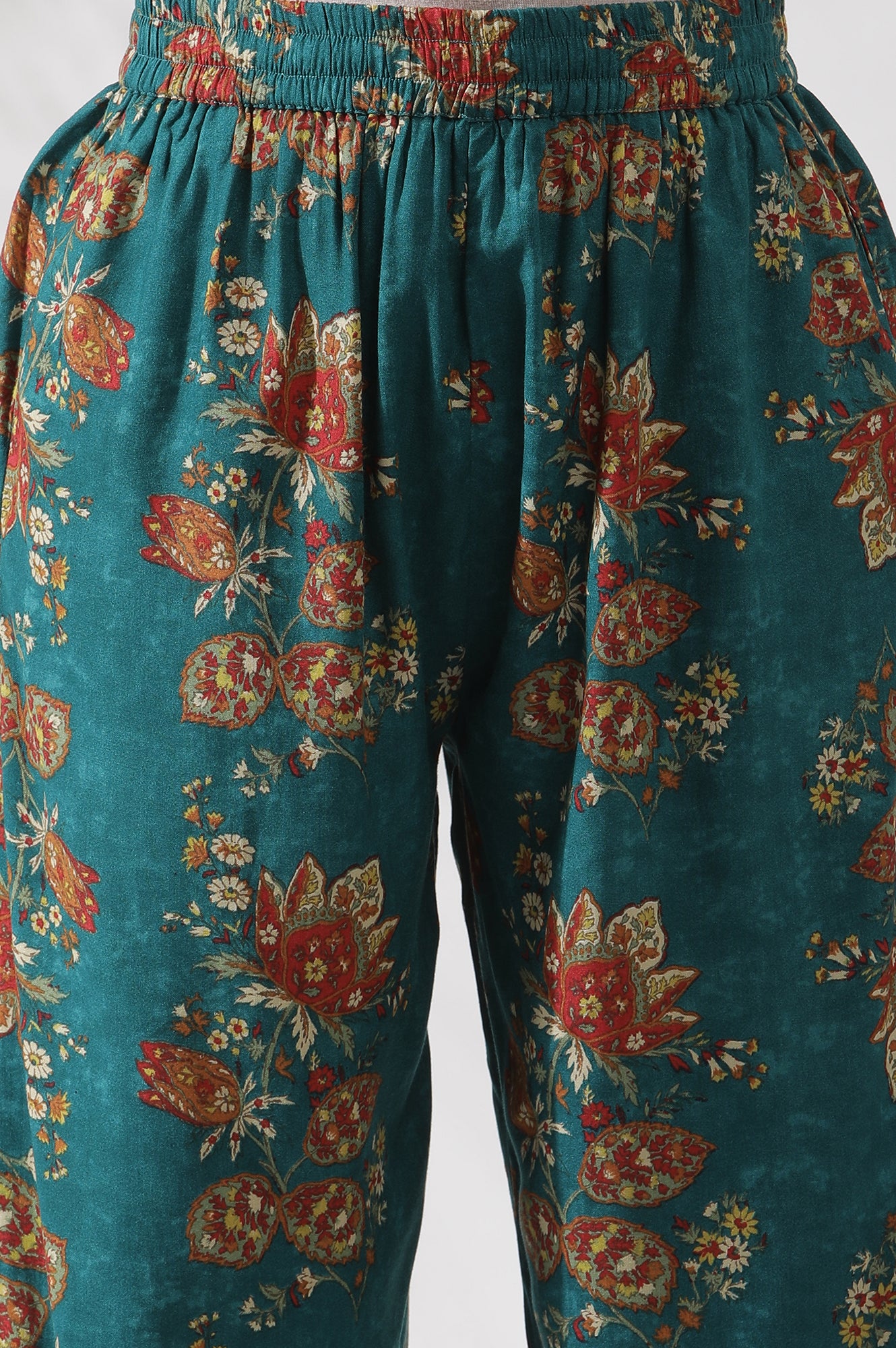 Teal Green A-Line Printed Kurta And Gathered Pants