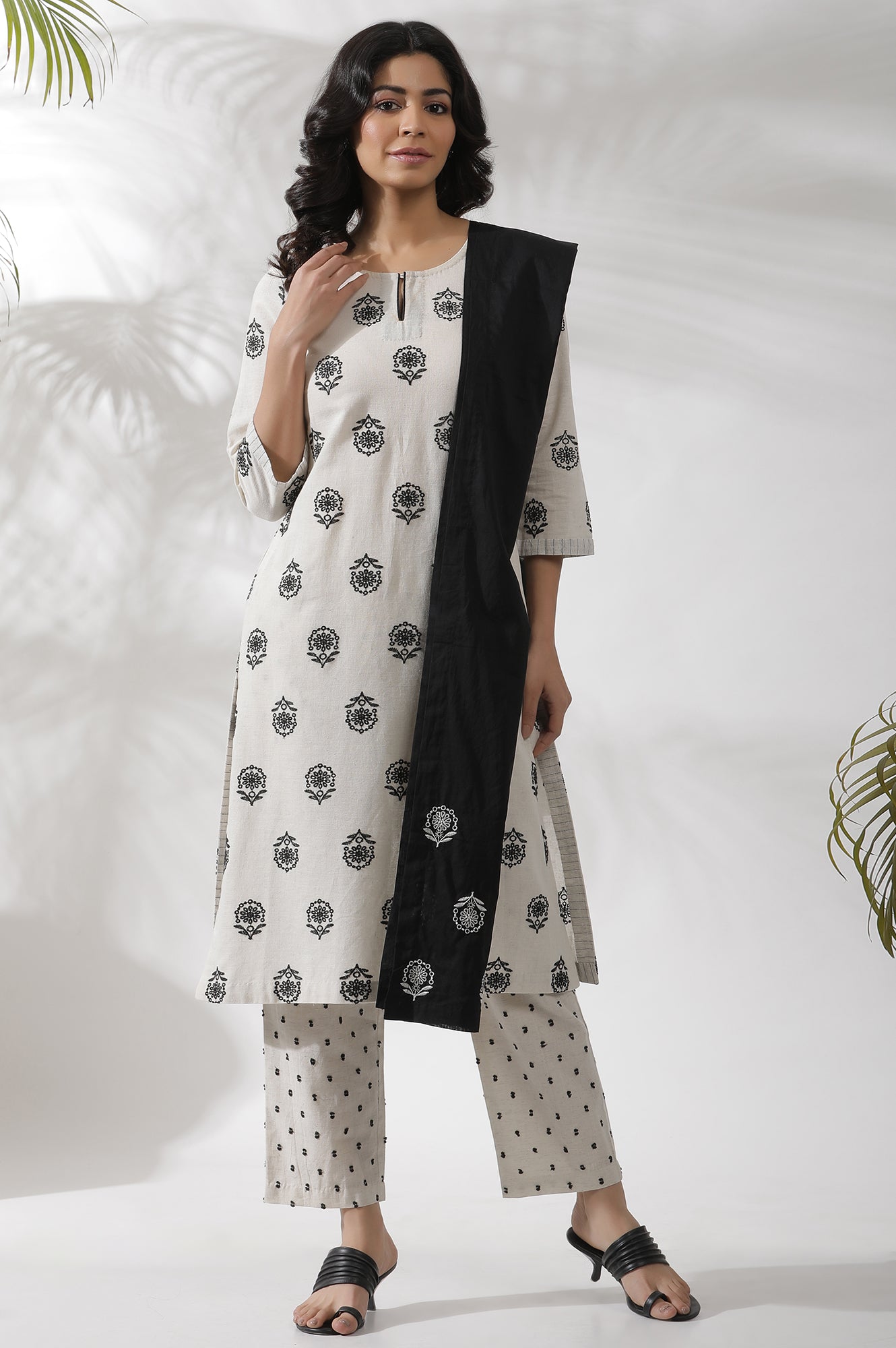 Off-White Schiffli Embroidered Kurta, Pants And Black Dupatta Set