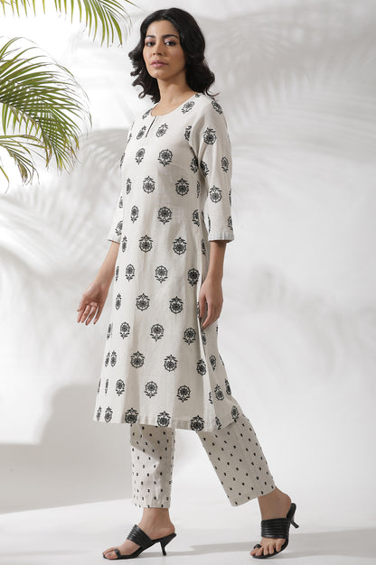 Off-White Schiffli Embroidered Kurta, Pants And Black Dupatta Set