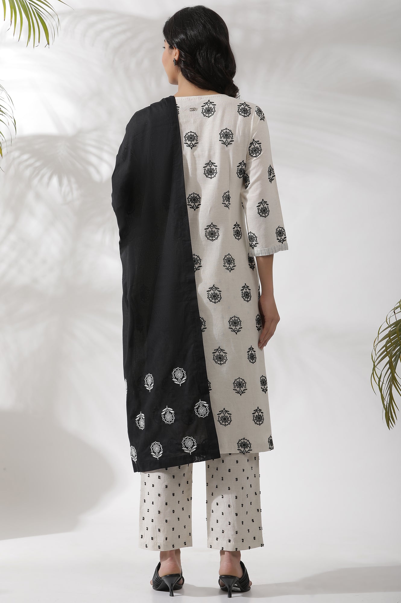 Off-White Schiffli Embroidered Kurta, Pants And Black Dupatta Set