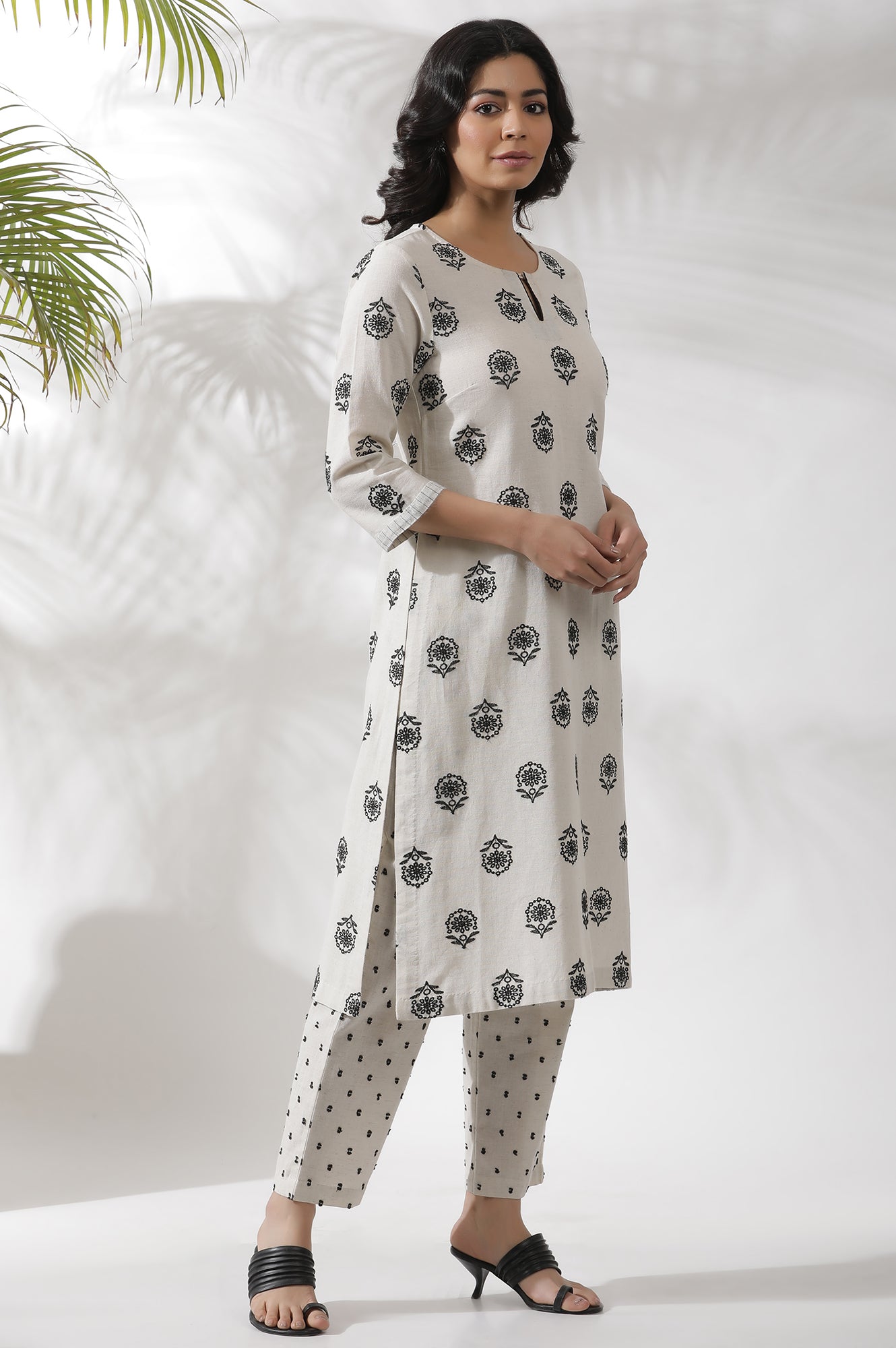 Off-White Schiffli Embroidered Kurta, Pants And Black Dupatta Set