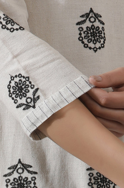 Off-White Schiffli Embroidered Kurta, Pants And Black Dupatta Set