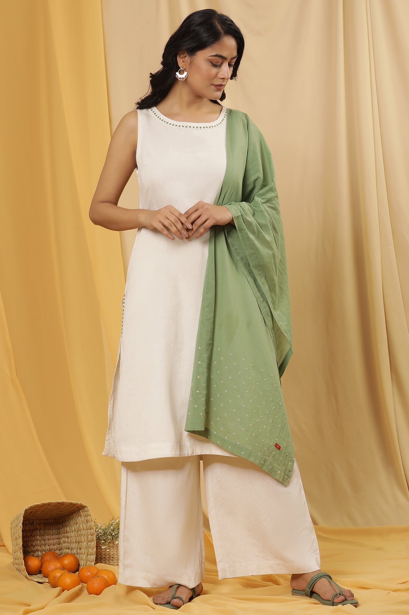 White Minimal Embroidered Kurta, Pants And Dupatta Set