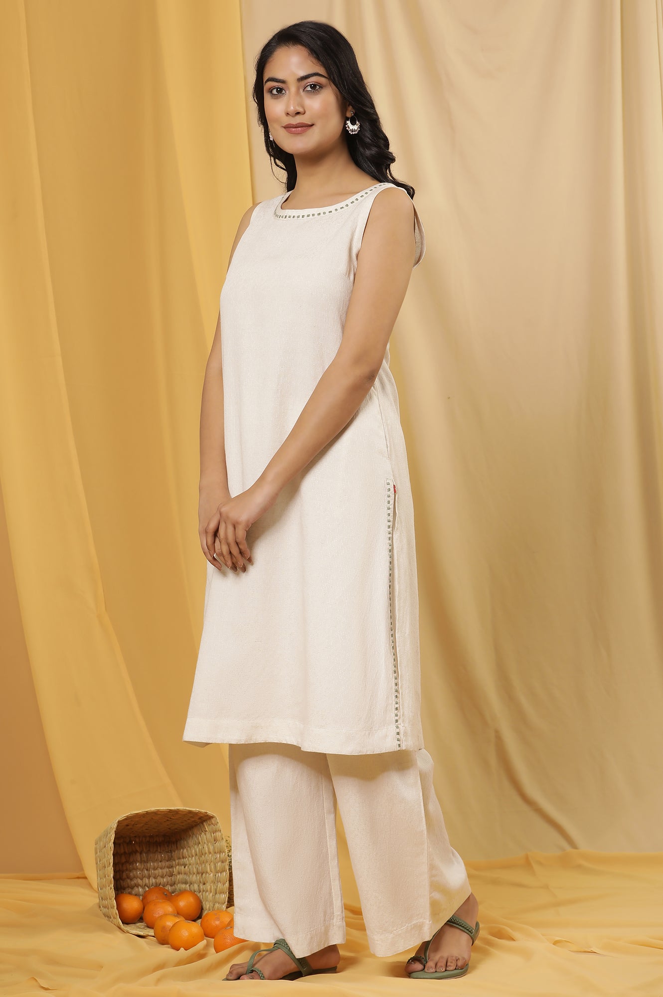 White Minimal Embroidered Kurta, Pants And Dupatta Set