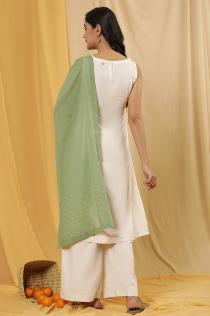 White Minimal Embroidered Kurta, Pants And Dupatta Set