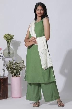 Sage Green Minimal Embroidered Kurta, Pants And Dupatta Set - wforwoman