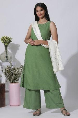 Sage Green Minimal Embroidered Kurta, Pants And Dupatta Set - wforwoman