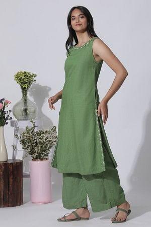 Sage Green Minimal Embroidered Kurta, Pants And Dupatta Set - wforwoman