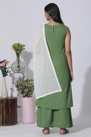 Sage Green Minimal Embroidered Kurta, Pants And Dupatta Set - wforwoman