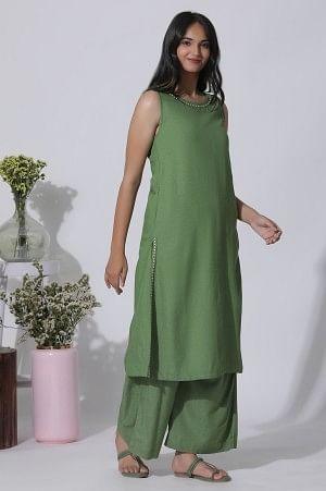 Sage Green Minimal Embroidered Kurta, Pants And Dupatta Set - wforwoman