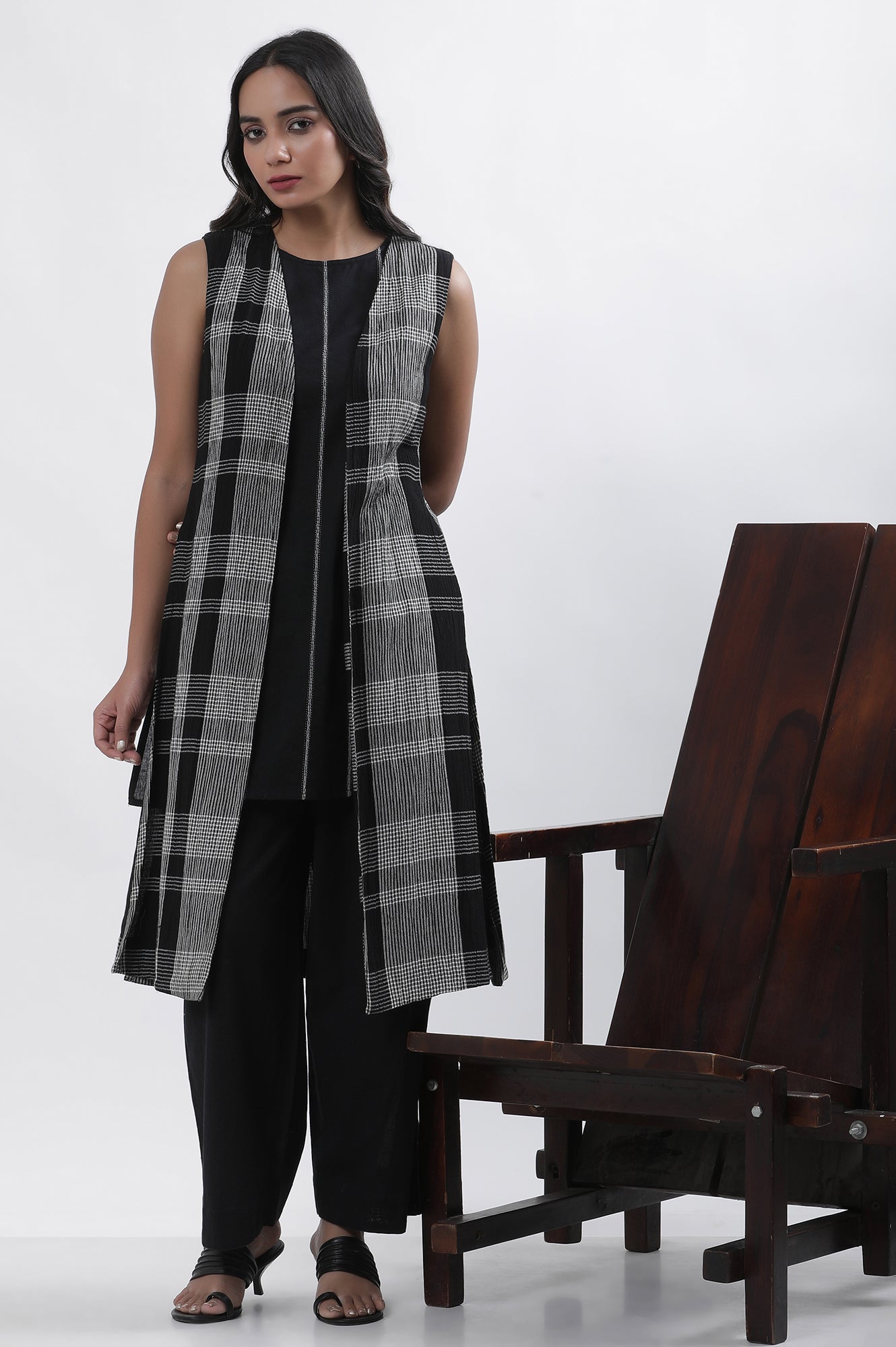 Black Sleeveless A-Line Top, Checker Jacket And Pants Set