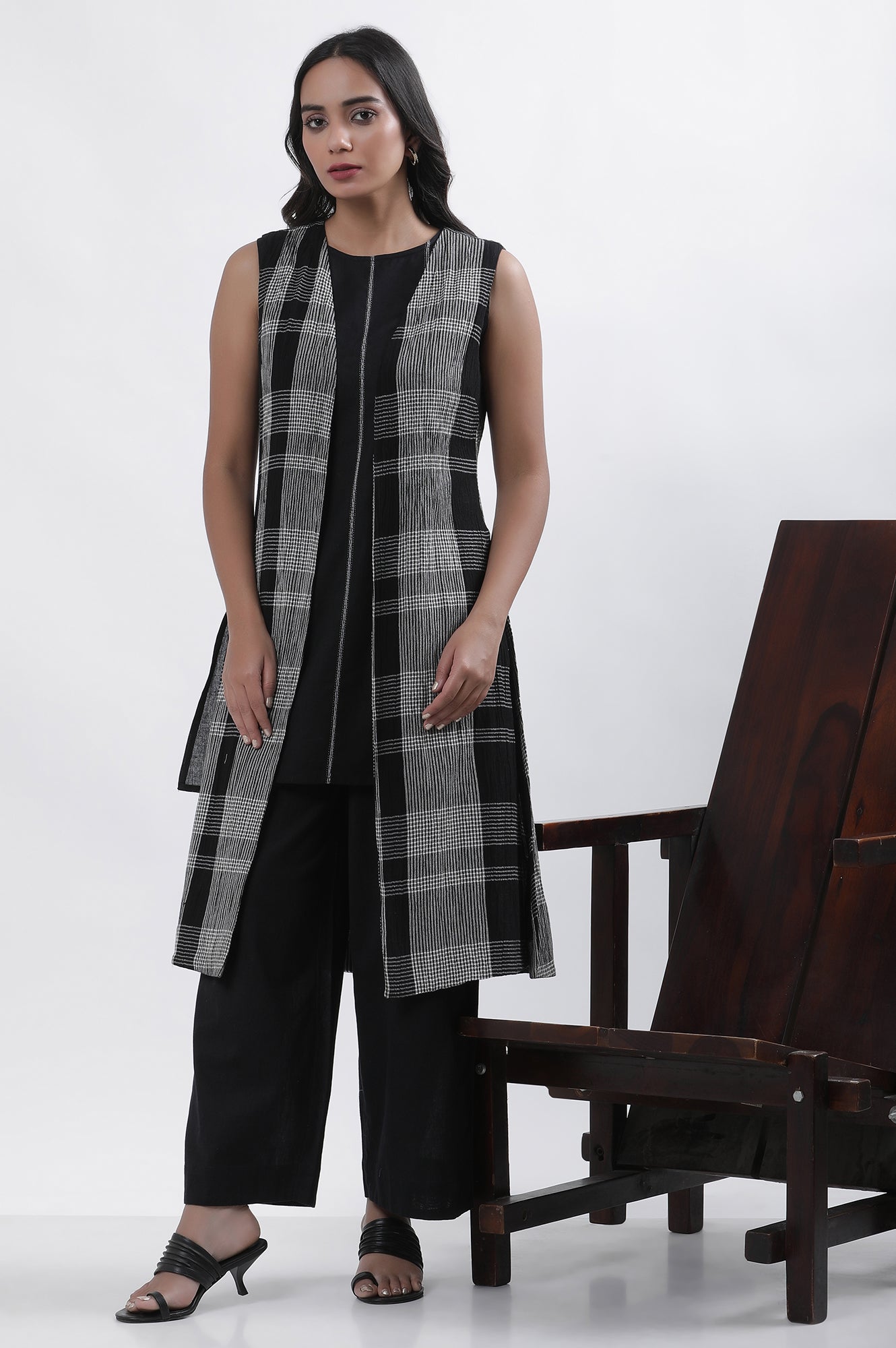 Black Sleeveless A-Line Top, Checker Jacket And Pants Set