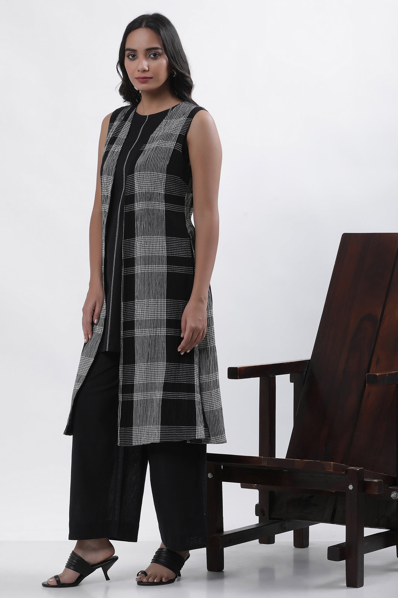 Black Sleeveless A-Line Top, Checker Jacket And Pants Set