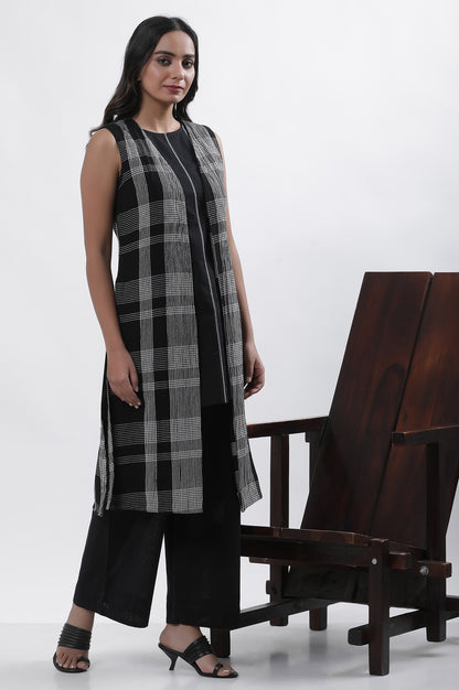 Black Sleeveless A-Line Top, Checker Jacket And Pants Set