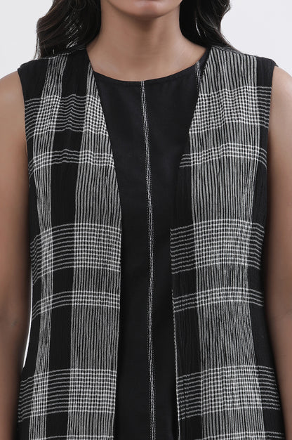 Black Sleeveless A-Line Top, Checker Jacket And Pants Set