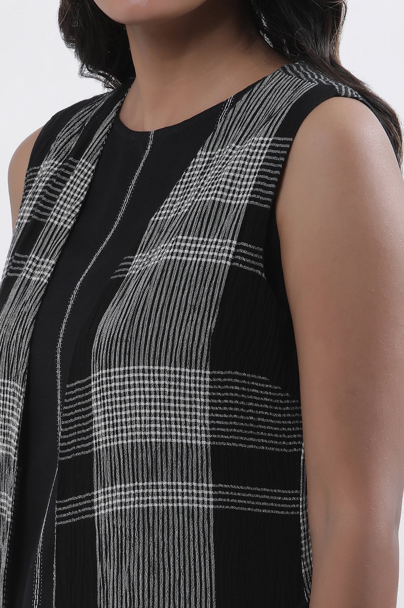 Black Sleeveless A-Line Top, Checker Jacket And Pants Set