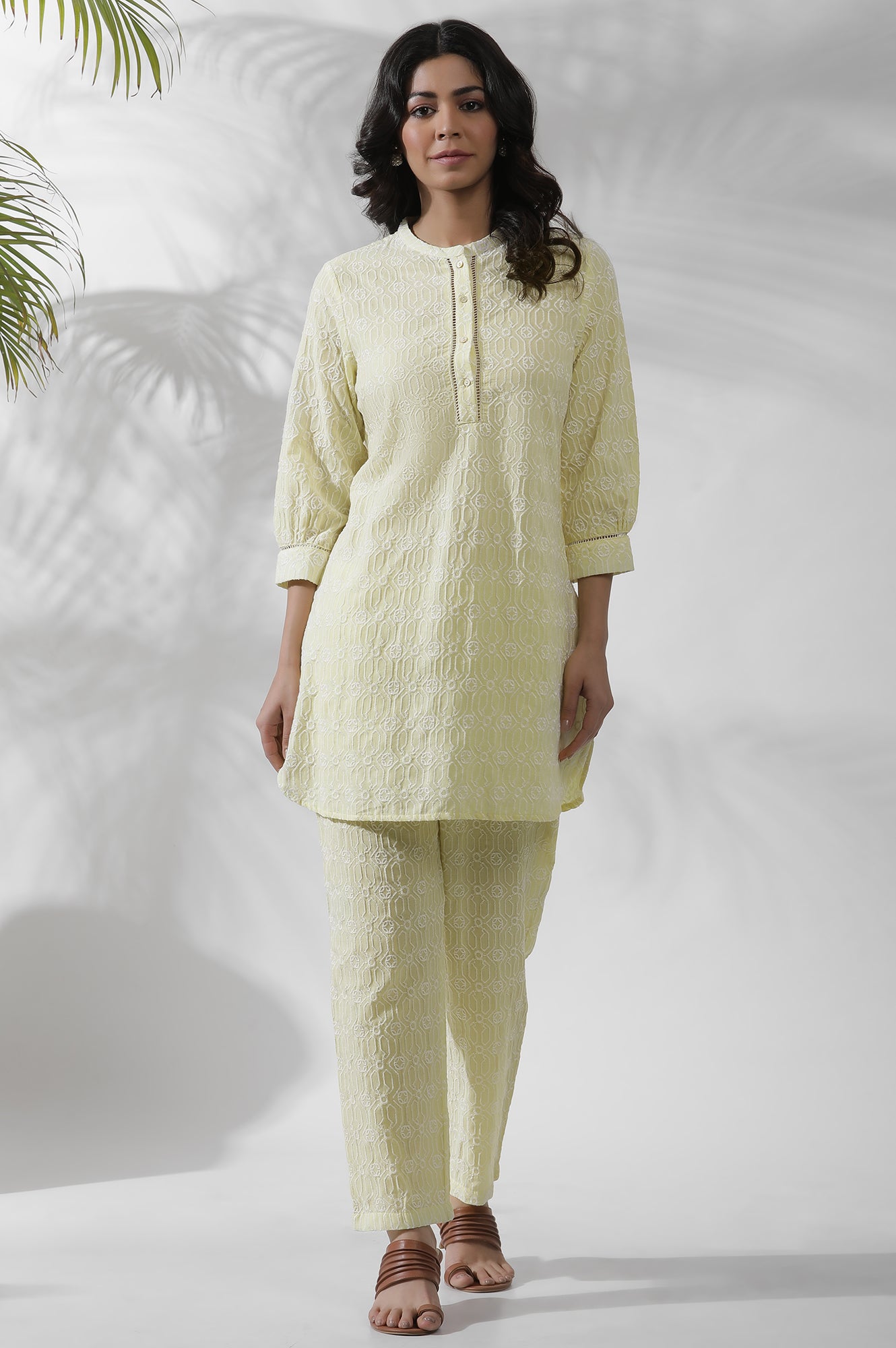 Lime Yellow Short Embroidered Kurta And Pants Set