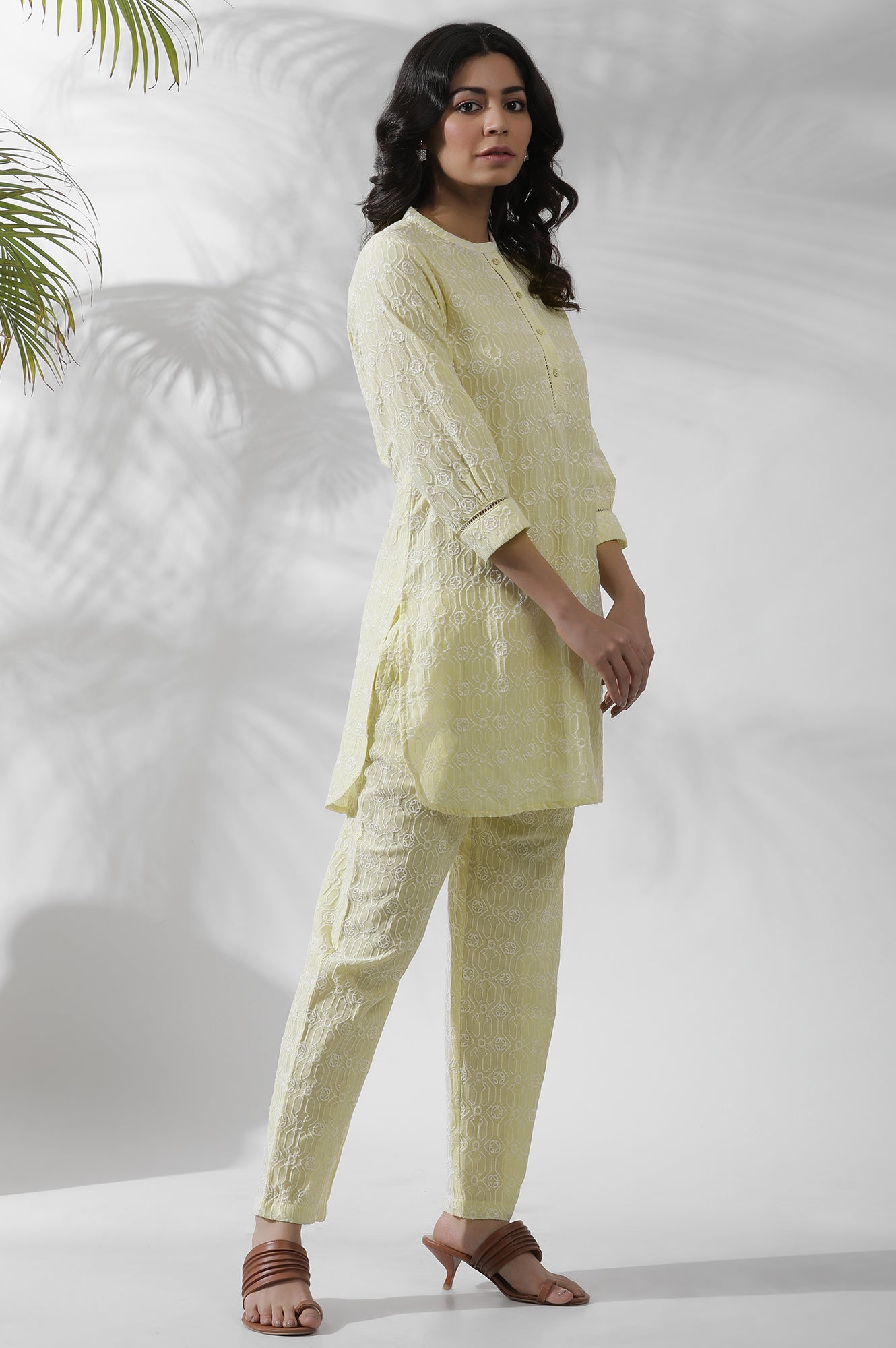 Lime Yellow Short Embroidered Kurta And Pants Set