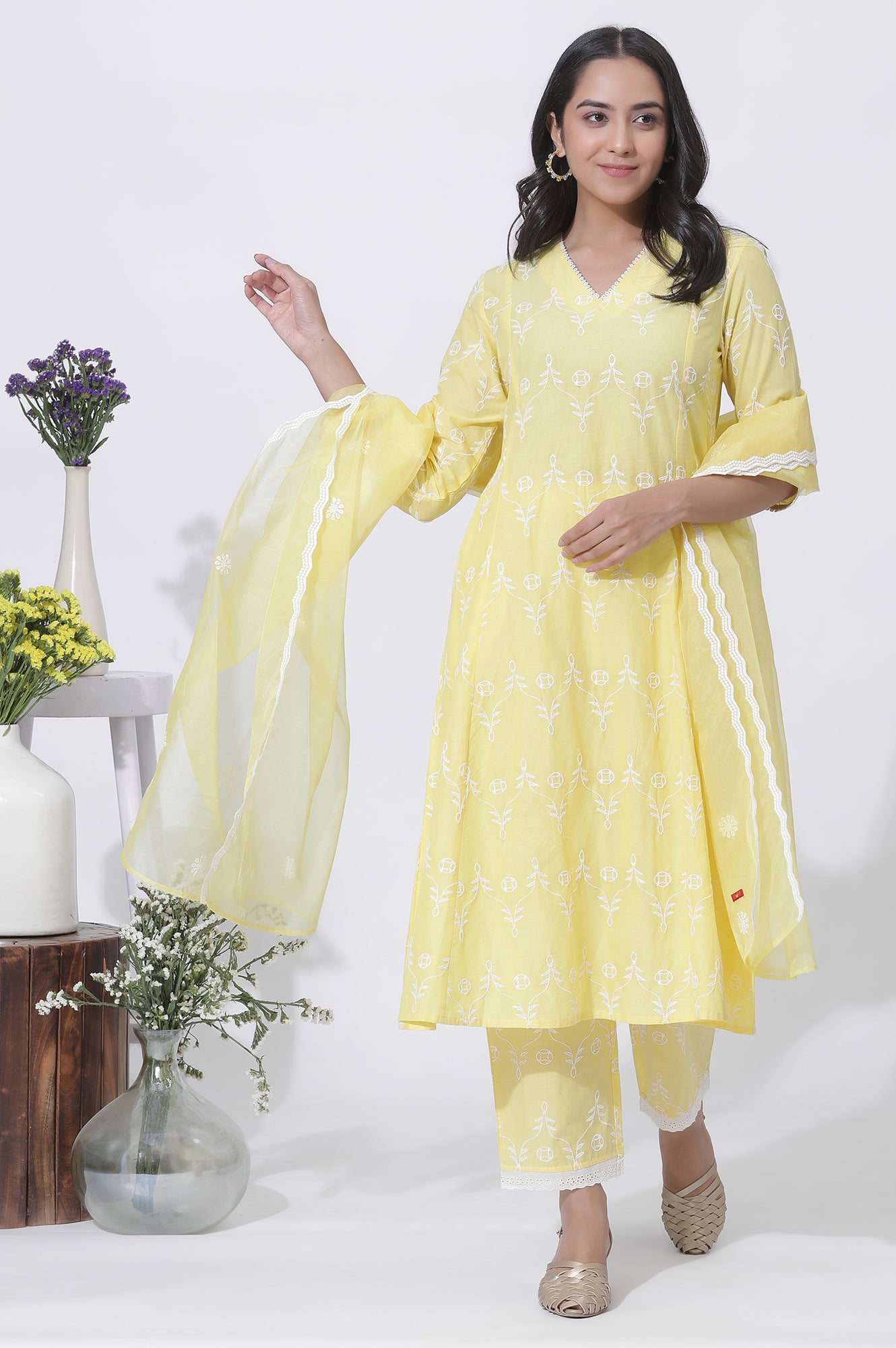 Yellow Cotton Embroidered Flared Kurta, Straight Pants And Dupatta Set