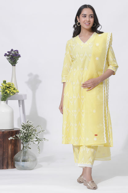 Yellow Cotton Embroidered Flared Kurta, Straight Pants And Dupatta Set
