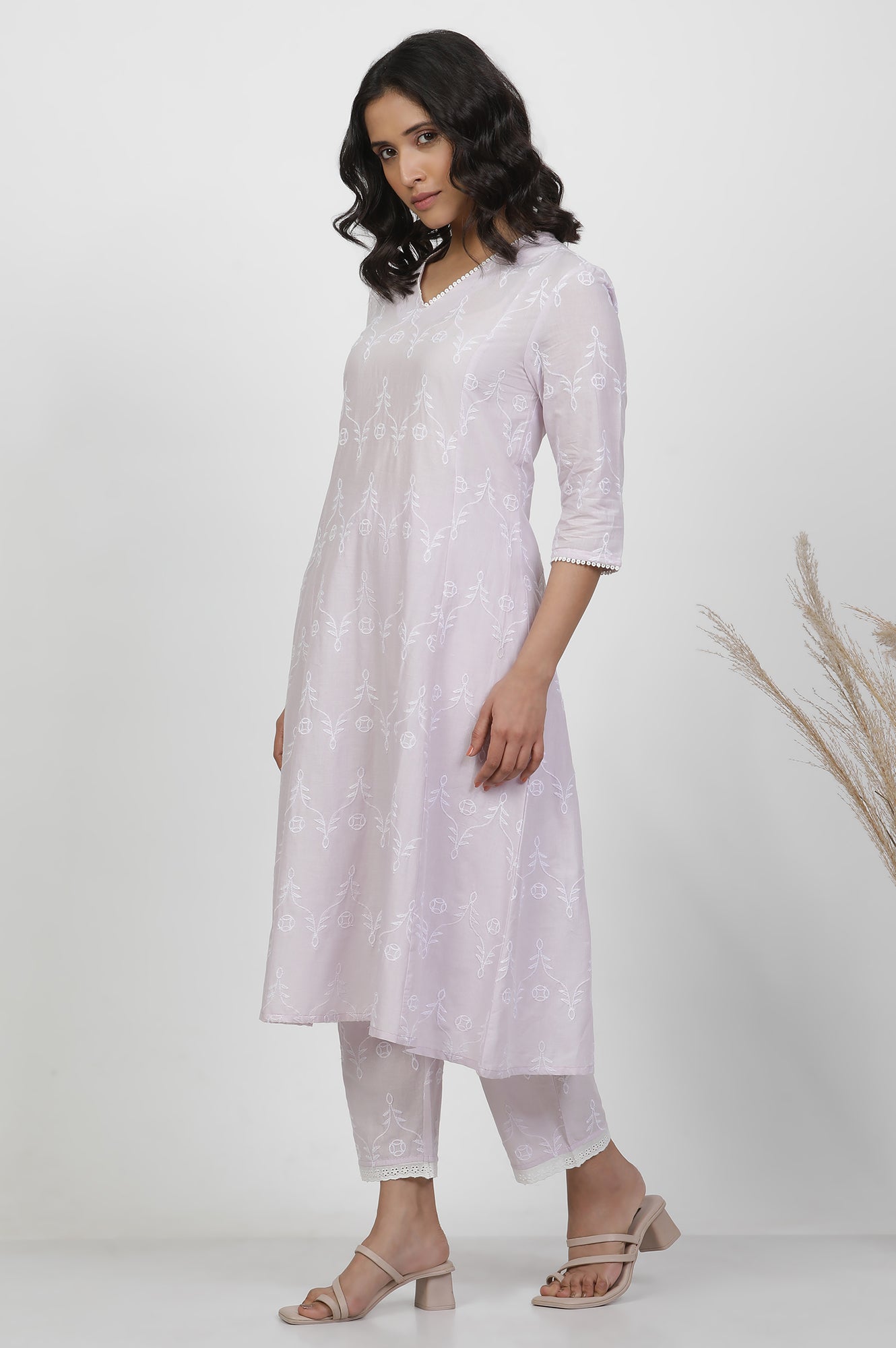 Light Purple Schiffle A-Line Kurta And Pants Set