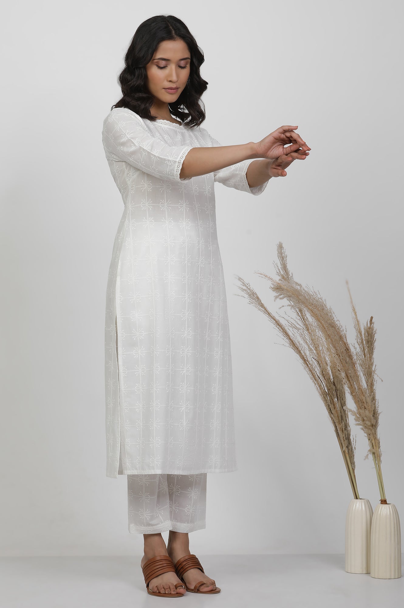 Wite Schiffli Cotton Kurta And Pants Co-Ord Set