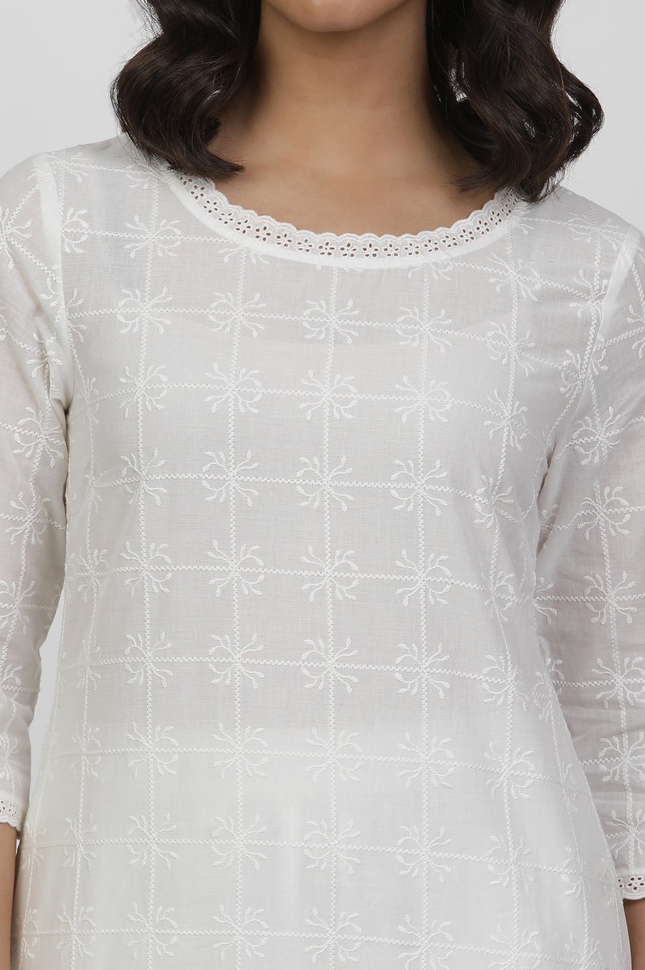 Wite Schiffli Cotton Kurta And Pants Co-Ord Set