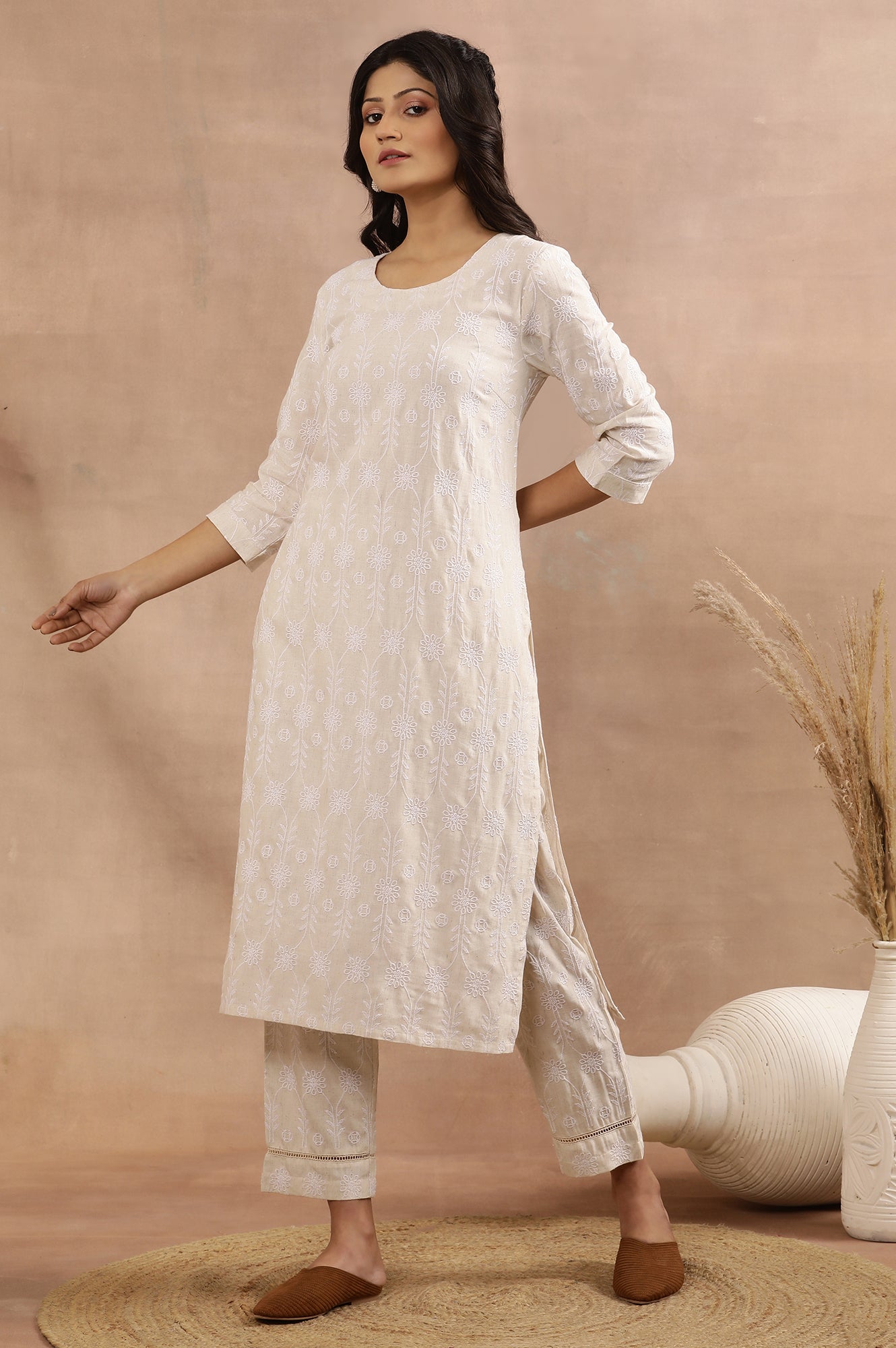 Beige Floral Embroidered Cotton Kurta And Pants Set