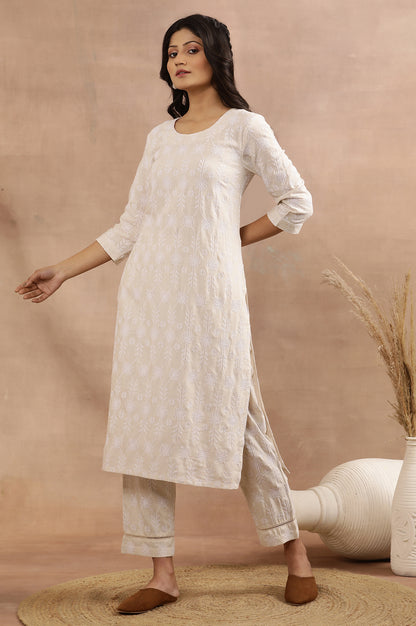 Beige Floral Embroidered Cotton Kurta And Pants Set