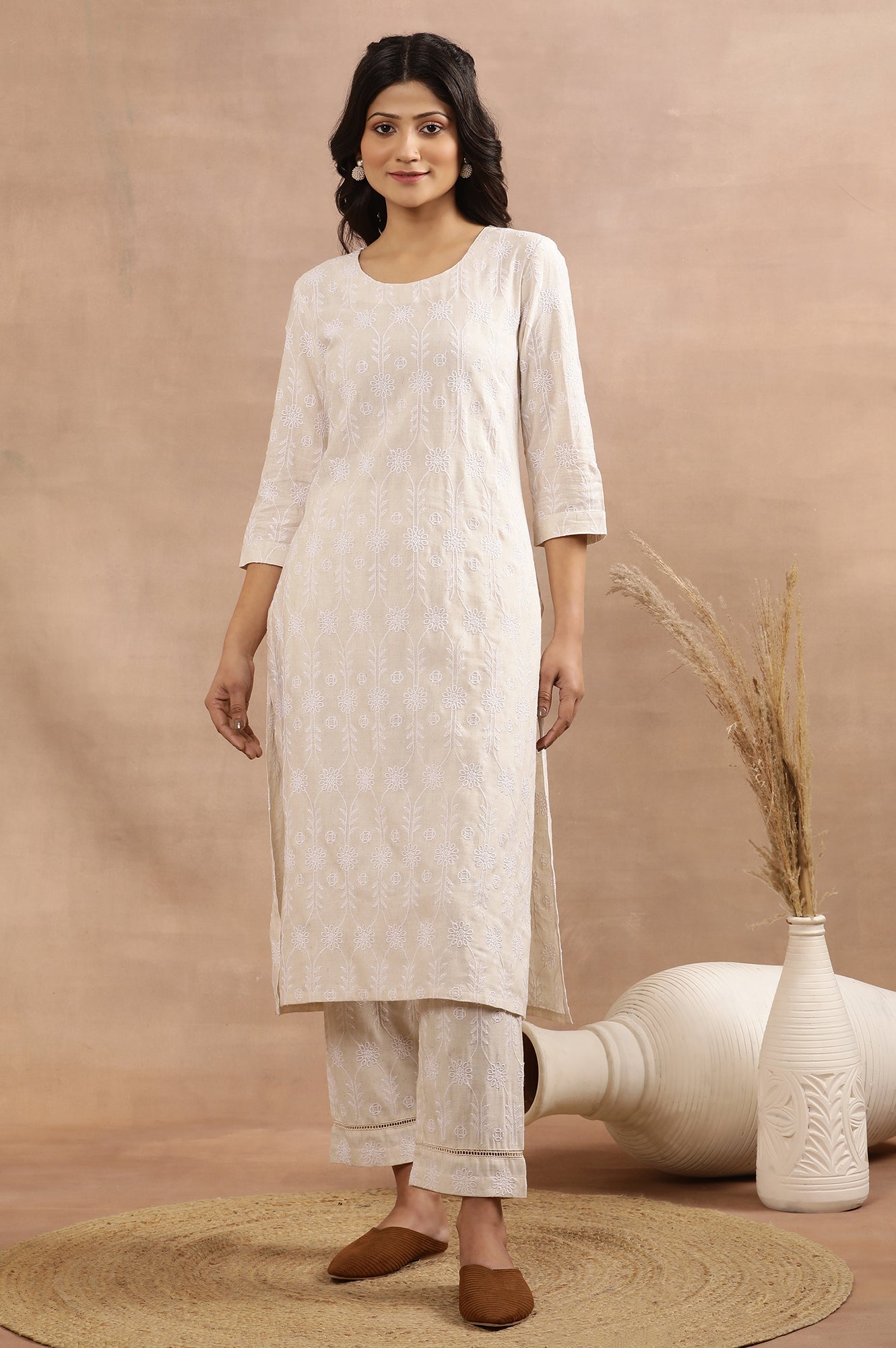 Beige Floral Embroidered Cotton Kurta And Pants Set