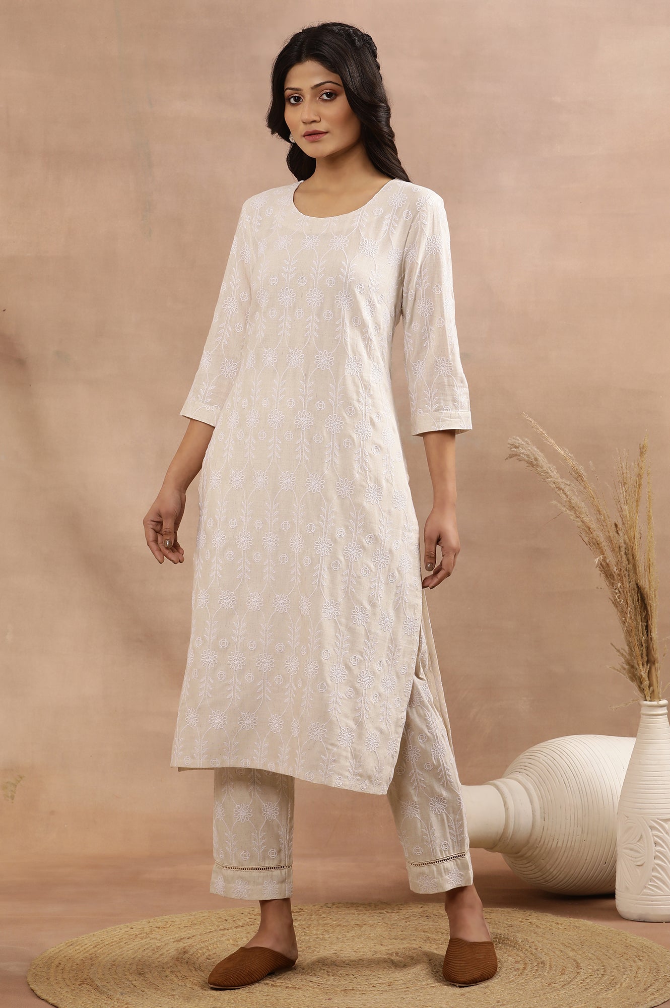 Beige Floral Embroidered Cotton Kurta And Pants Set