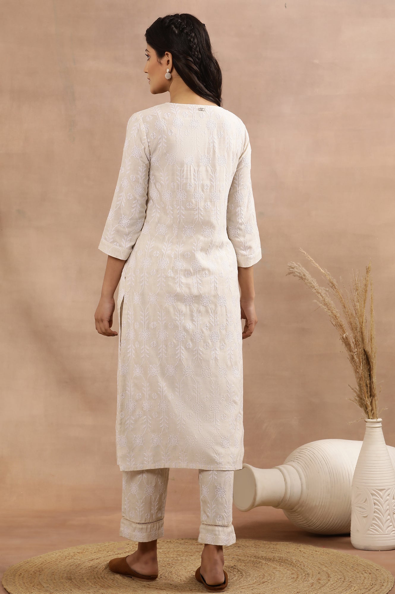 Beige Floral Embroidered Cotton Kurta And Pants Set