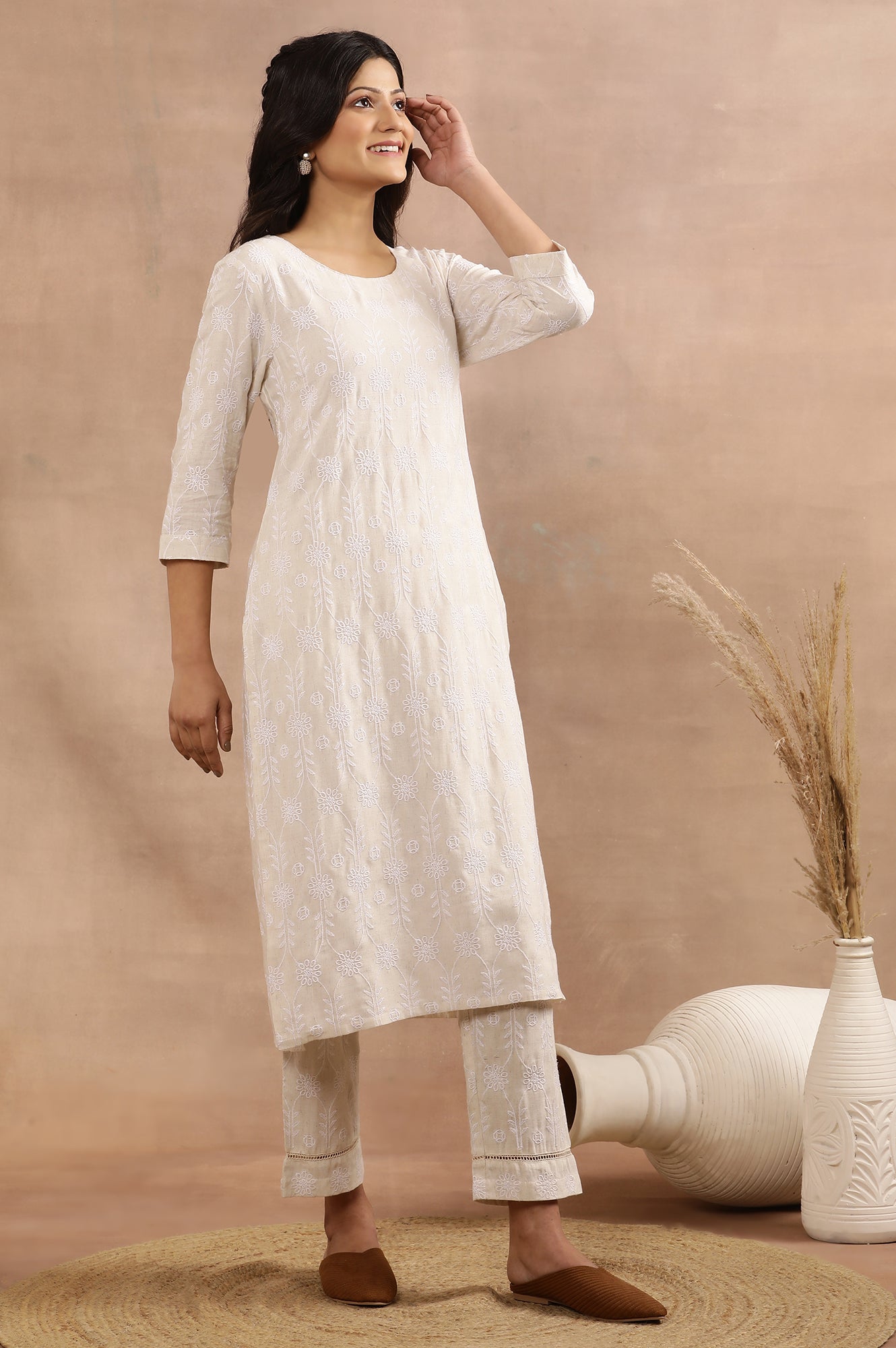 Beige Floral Embroidered Cotton Kurta And Pants Set