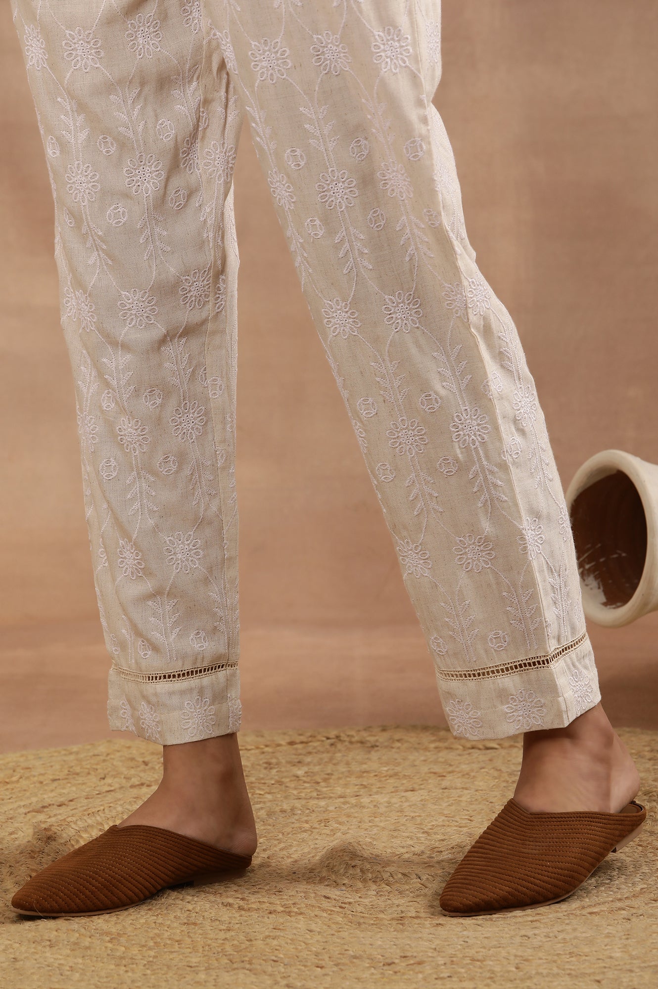 Beige Floral Embroidered Cotton Kurta And Pants Set