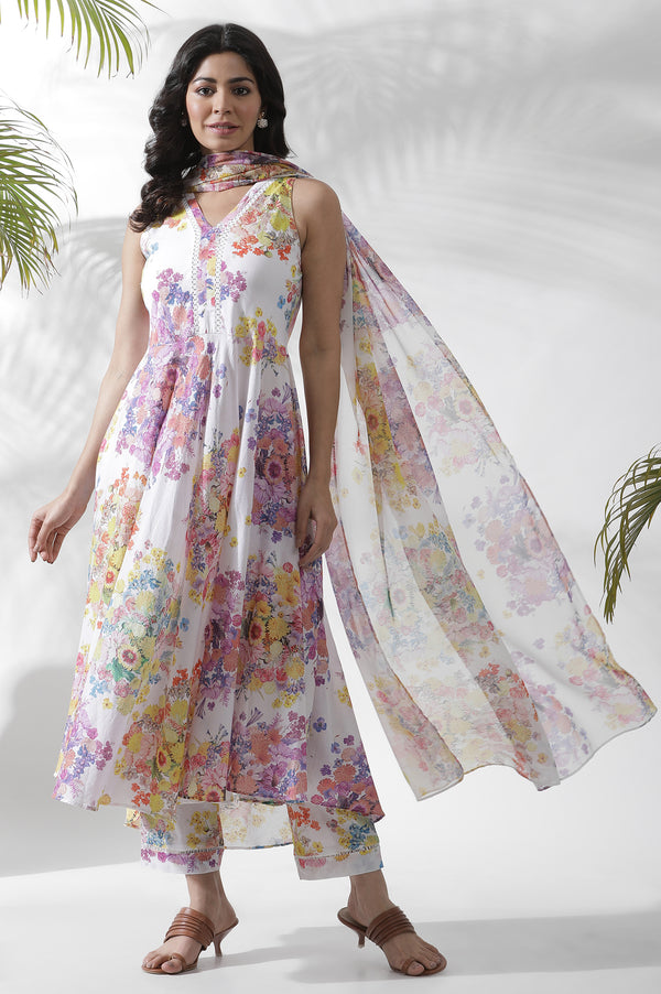 White Floral Printed Cotton A-line Kurta, Pants and Dupatta Set