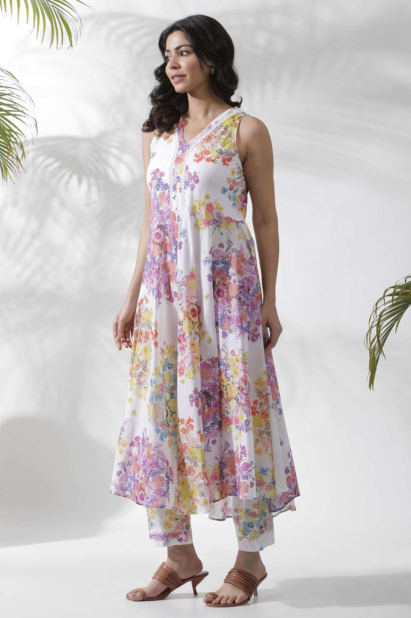 White Cotton A-Line Floral Printed Kurta, Pants And Dupatta Set