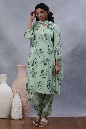 Green Floral Printed A-Line Kurta, Pants and Dupatta Set