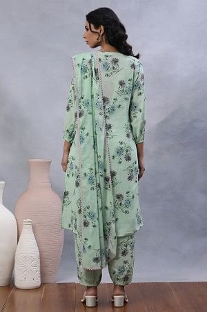 Green Floral Printed A-Line Kurta, Gathered Pants And Dupatta Set