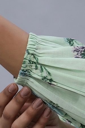 Green Floral Printed A-Line Kurta, Gathered Pants And Dupatta Set