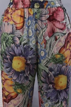 Multi-Coloured Floral Printed Gathered Kurta, Pants And Dupatta Set