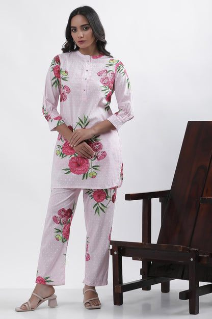 Pink Bold Floral Printed A-Line Short Kurta And Pants Set