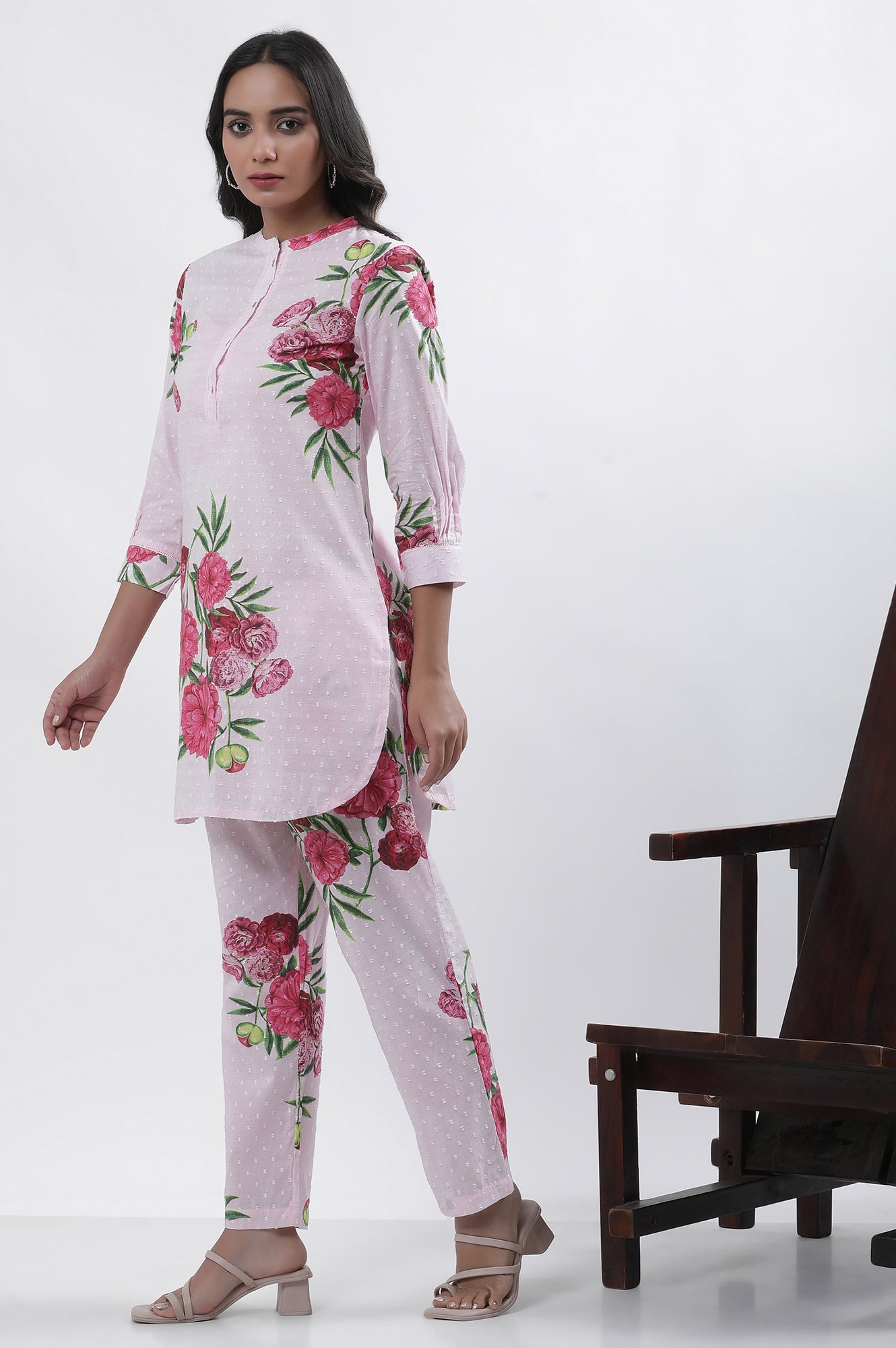 Pink Bold Floral Printed A-Line Short Kurta And Pants Set