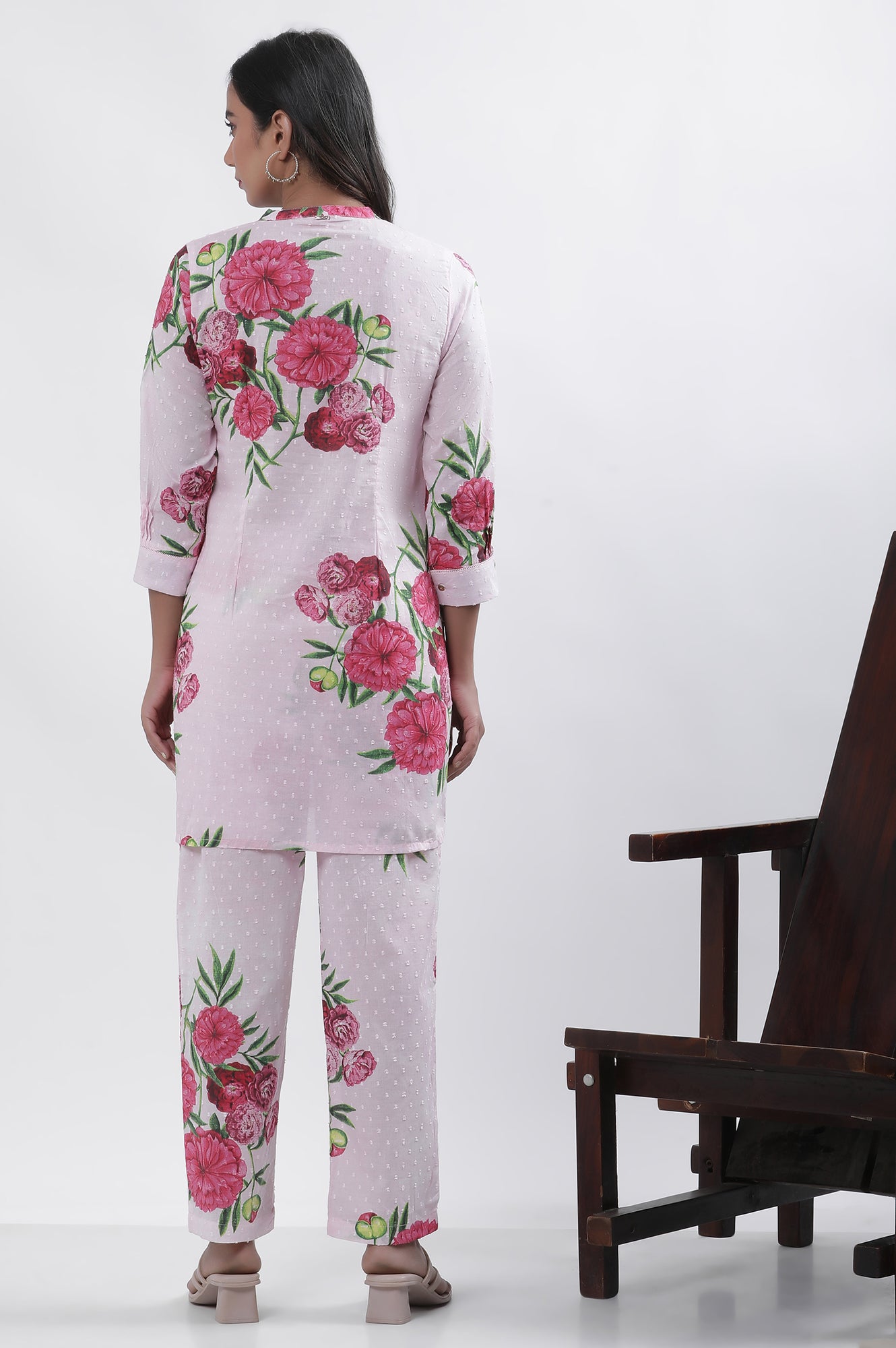 Pink Bold Floral Printed A-Line Short Kurta And Pants Set