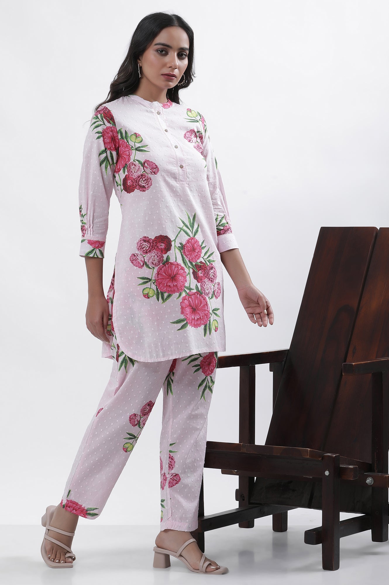 Pink Bold Floral Printed A-Line Short Kurta And Pants Set