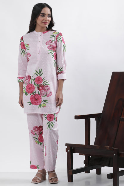 Pink Bold Floral Printed A-Line Short Kurta And Pants Set