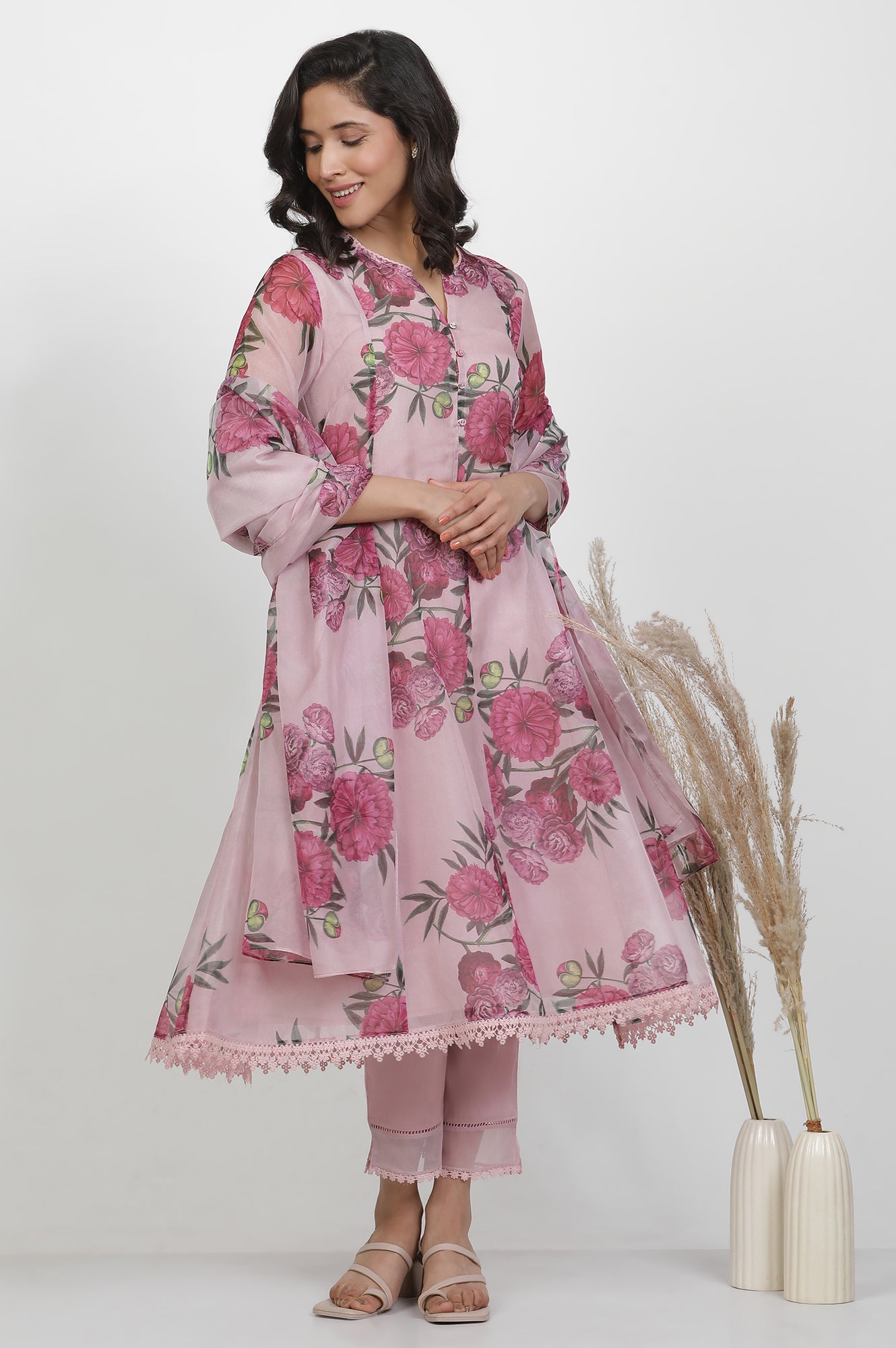 Blush Pink Floral Printed Flared Kurta, Pants And Dupatta Set