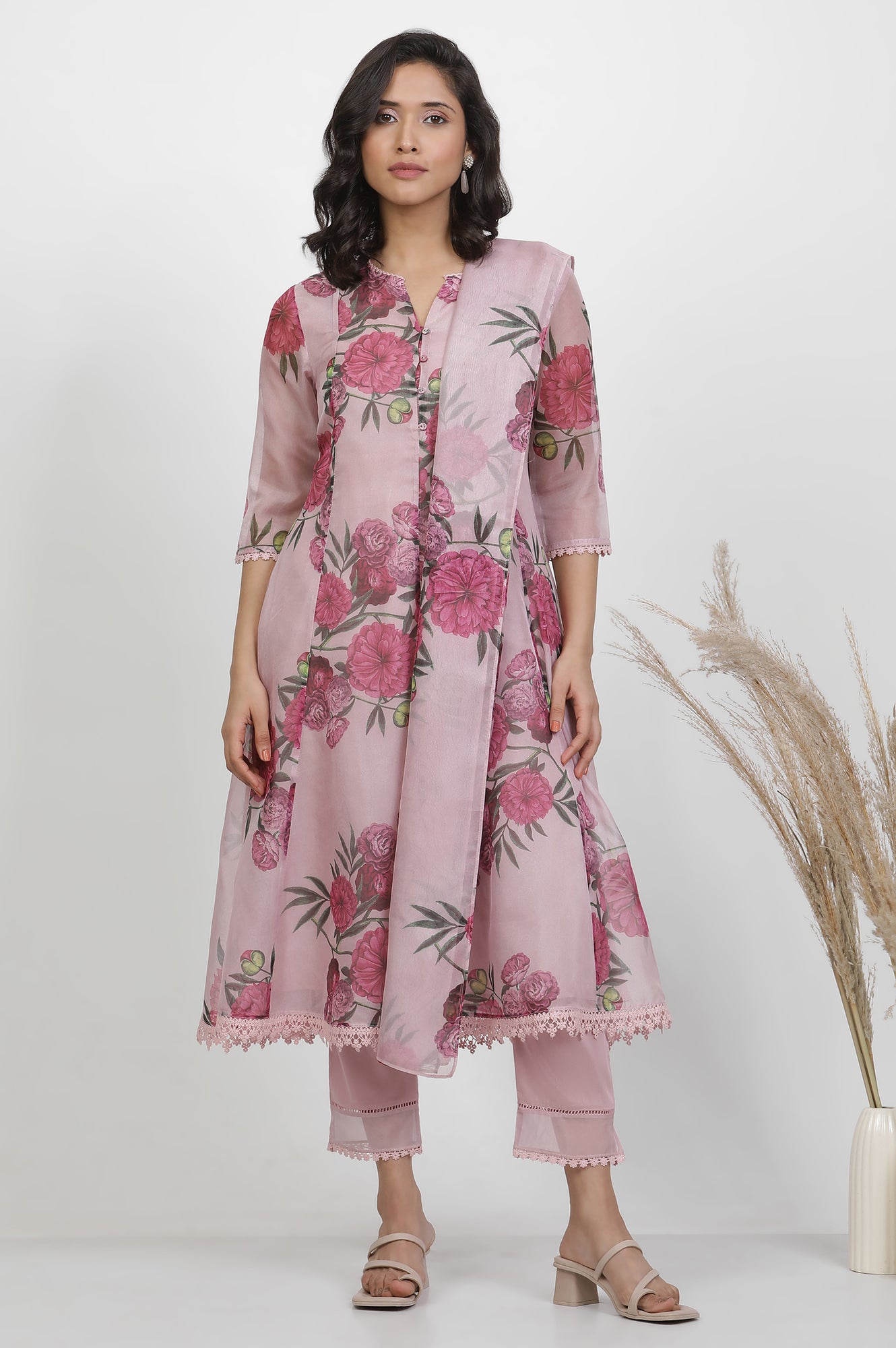 Blush Pink Floral Printed Flared Kurta, Pants And Dupatta Set